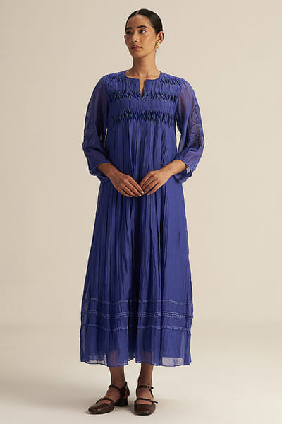 Gaach Blue bead hand embroidered smocked maxi dress GAACAUG26D153139
