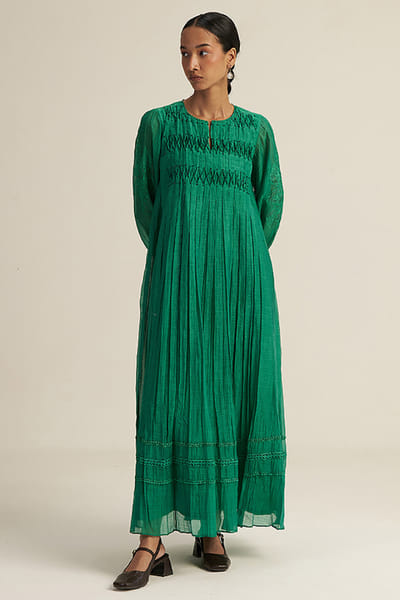 Gaach Green bead hand embroidered smocked maxi dress GAACAUG26D153140