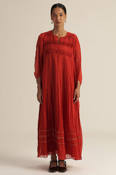 Gaach Red bead hand embroidered smocked maxi dress GAACAUG26D153141