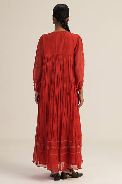 Gaach Red bead hand embroidered smocked maxi dress GAACAUG26D153141