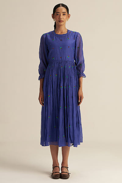 Gaach Blue floral embroidered flared midi dress GAACAUG26D153142