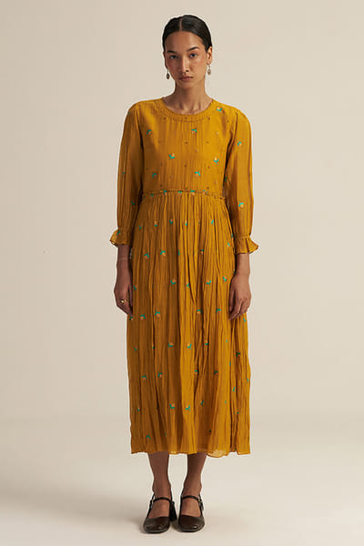 Gaach Mustard floral embroidered flared midi dress GAACAUG26D153144