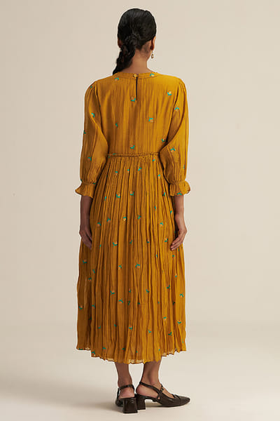 Gaach Mustard floral embroidered flared midi dress GAACAUG26D153144