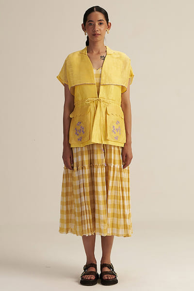 Gaach Butter yellow embroidered jacket and dress set GAACJUL26D150908
