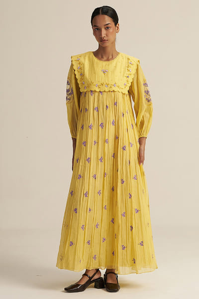 Gaach Butter yellow embroidered maxi dress GAACJUL26D250912