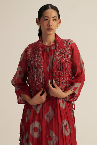 Gaach Red tie-dye and tasselled knit vest coat GAACJUL26D250914