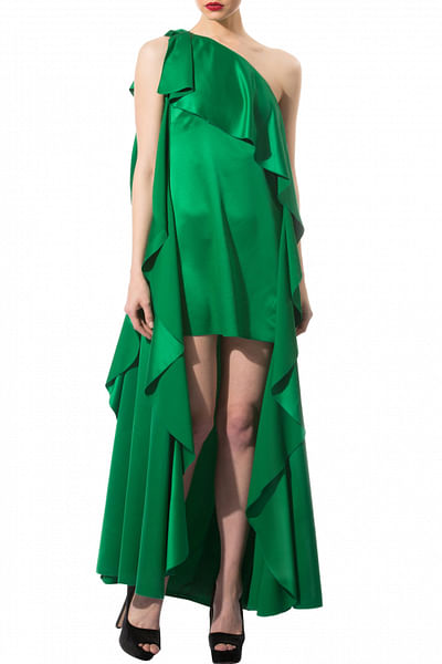 Green high low one-shoulder dress