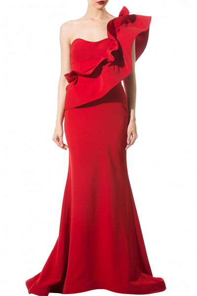 Red one-shoulder gown