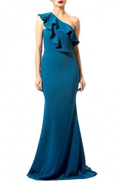 Blue one-shoulder ruffled gown