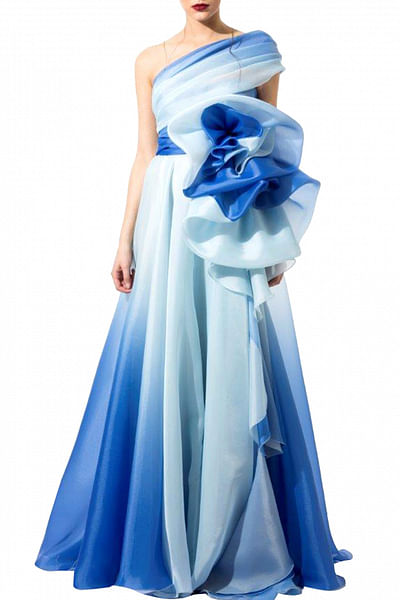 Blue and white shaded organza gown