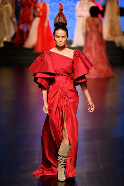 Red one-shoulder dress