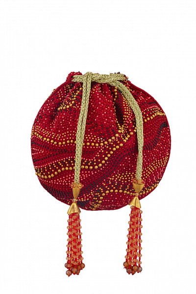 Embroidered circular drawstring bag