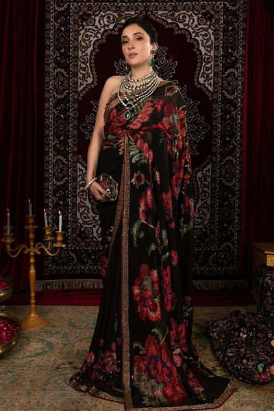 Black floral pattern sari