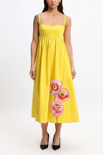 Yellow floral embroidered midi dress