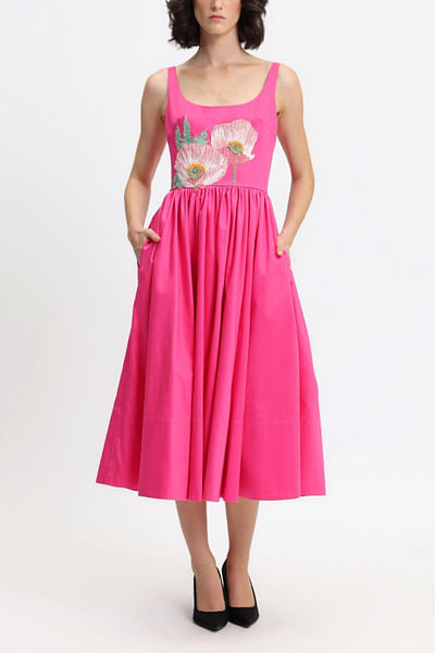 Fuchsia floral embroidered midi dress
