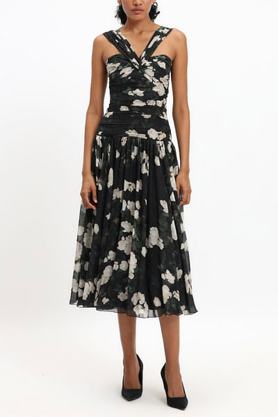 White rose printed midi dress