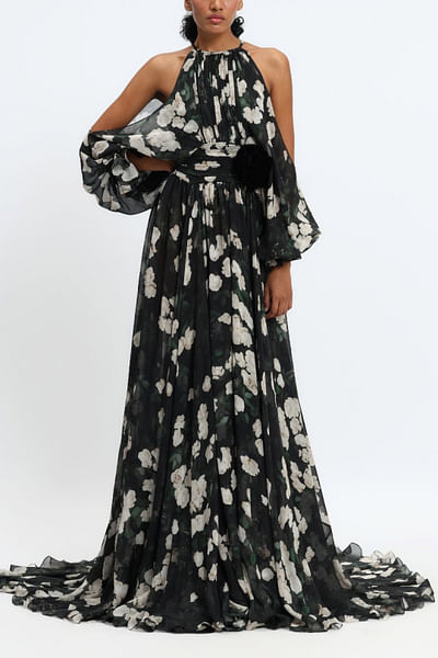 White rose printed halter neck gown