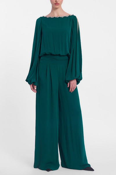 Bottle green boat neck jumpsuit