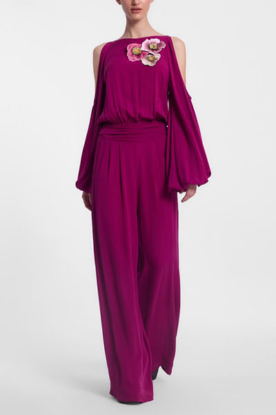 Magenta floral embroidered jumpsuit