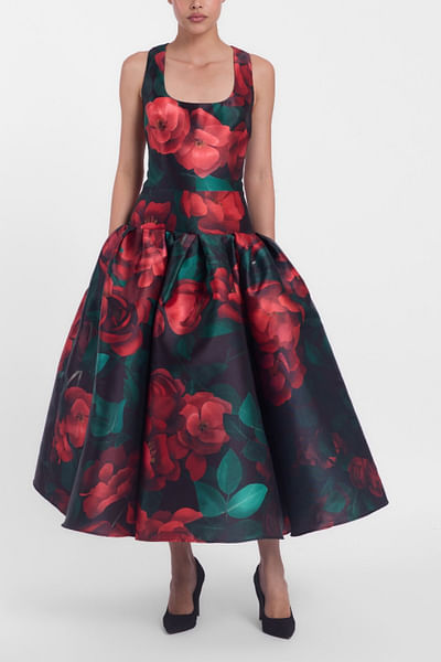 Red rose printed midi dress