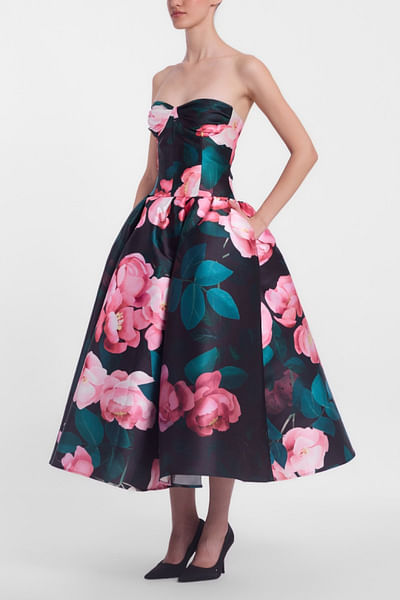 Pink rose printed strapless dress
