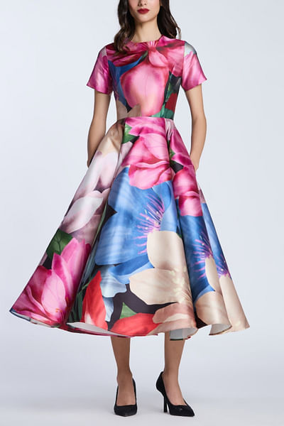 Red and purple lily printed dress