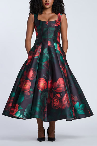 Red rose printed panelled dress