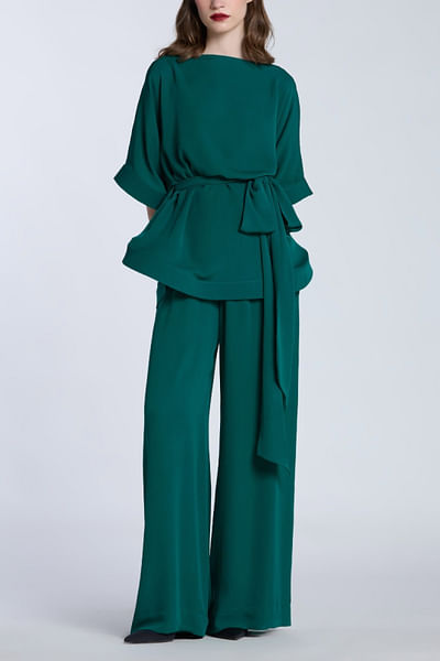 Green silk kaftan wide leg pants