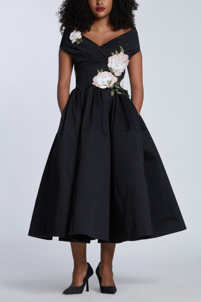 Gauri and Nainika Black floral embroidered corseted dress GAUFEB25D216425