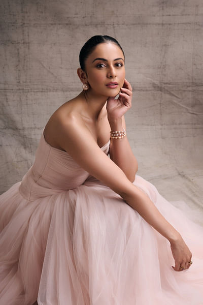 Baby pink strapless gown with stole