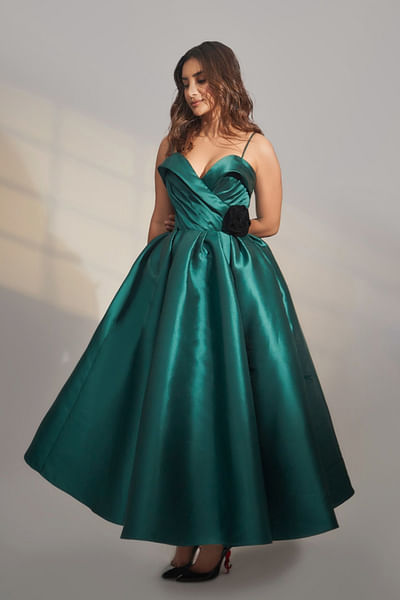 Green draped midi dress
