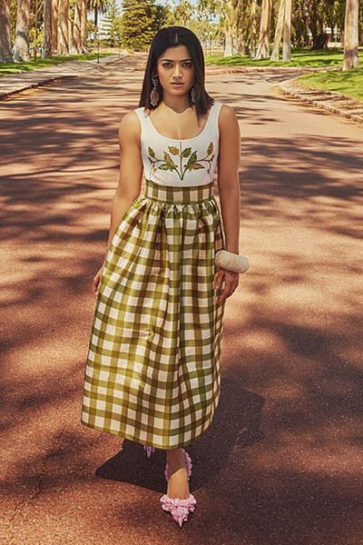 Green and white gingham printed skirt