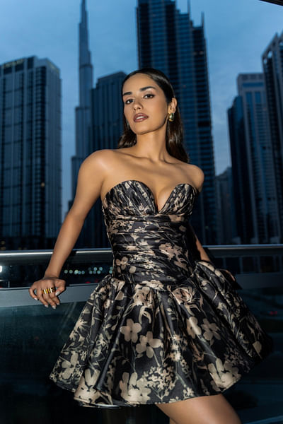 Black floral printed mini dress