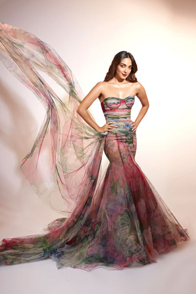 Multicolour dahlia printed gown