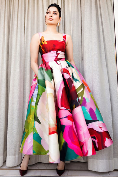 Red peonies printed midi dress