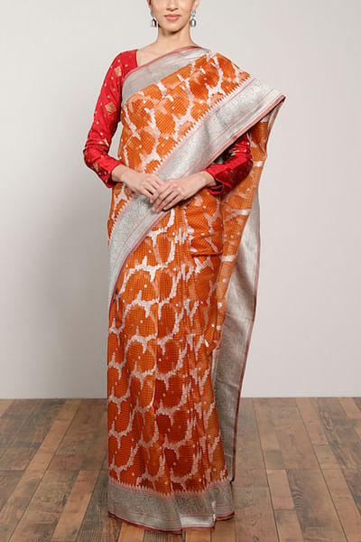Orange jamdani benarasi sari