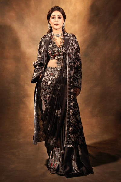 Black printed pre-draped pant sari set