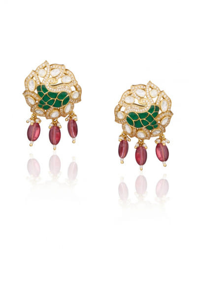Green and pink stud earrings