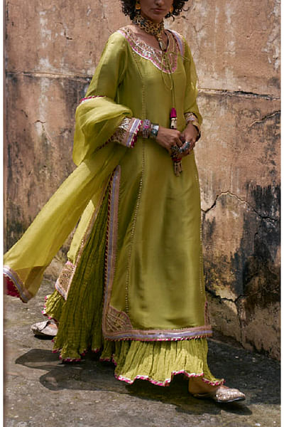 Parrot green gota work kurta and lehenga set