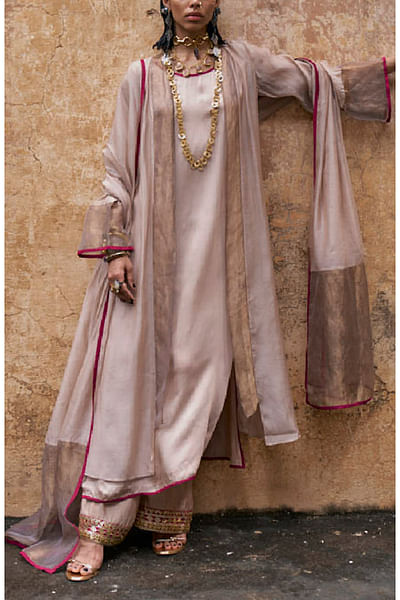 Dusty pink tissue silk jacket and kurta set