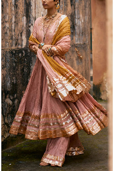 Pink floral gota work crushed anarkali set