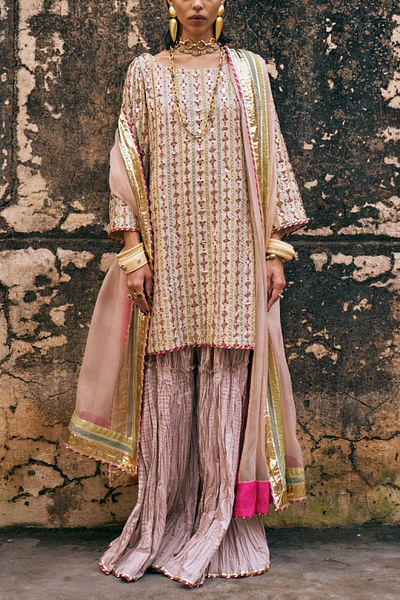 Almond pink gota work kurta and gharara set