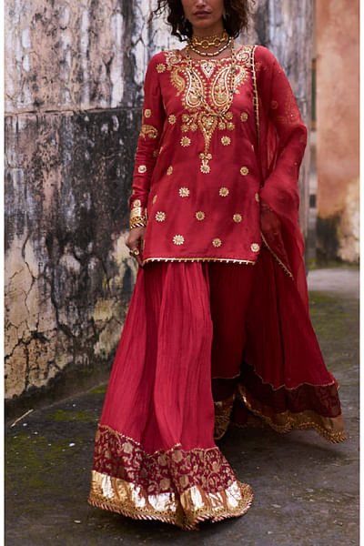 Red floral jamawar and gota work lehenga set