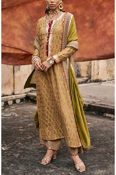 Mustard paisley aari work kurta set