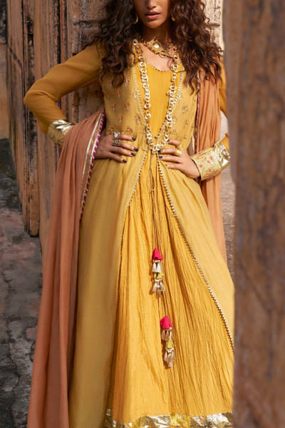 Mustard gota work jacket anarkali set