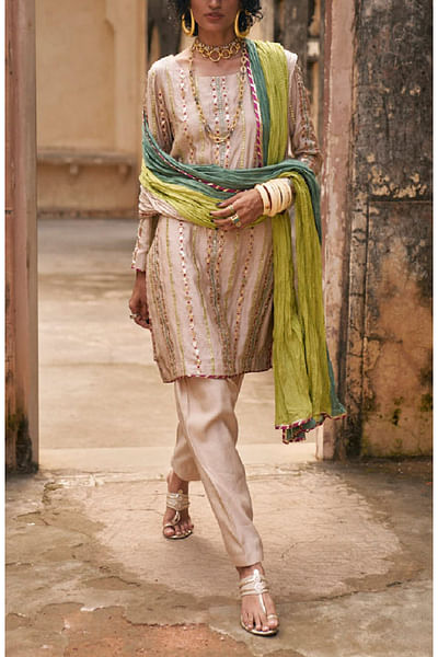 Almond pink linear gota work kurta set