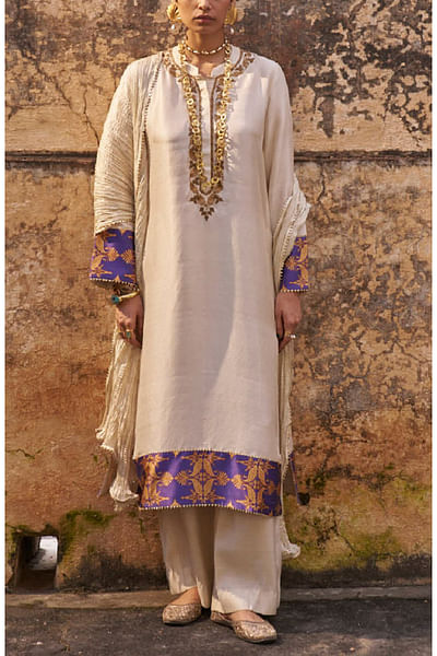 Ivory and indigo zardozi embroidered kurta set