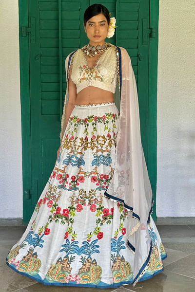 Off-white flora and fauna printed lehenga set