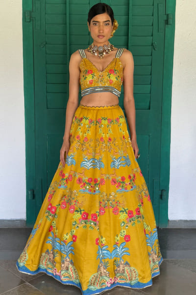 Mustard flora and fauna printed lehenga set