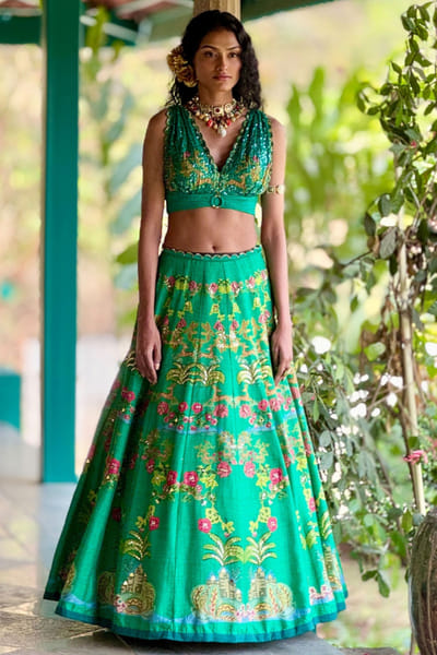 Green flora and fauna printed lehenga set